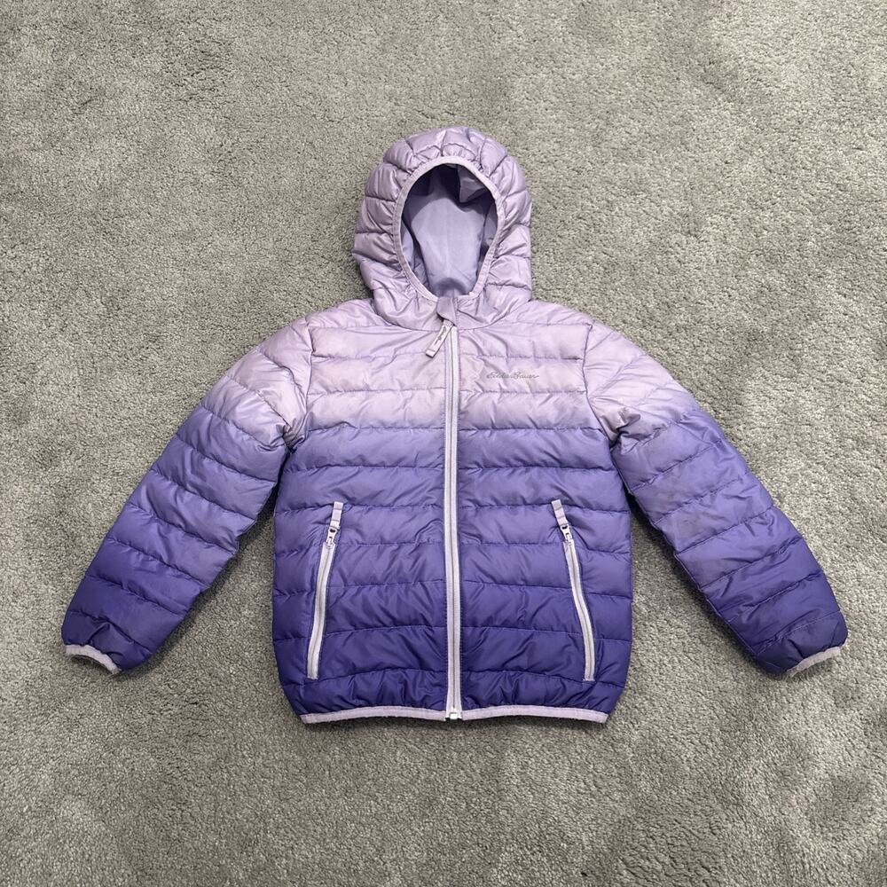 Eddie Bauer Kids Puffer Jacket XS 5/6 Hooded Reversible Purple Down